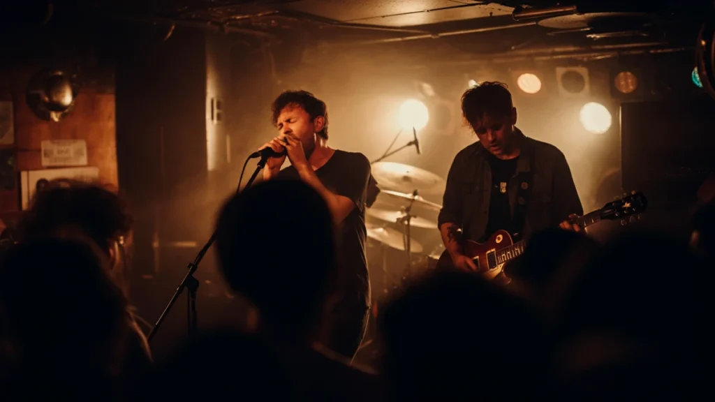 A rock band performing energetically on a small, dimly lit stage in a crowded club.