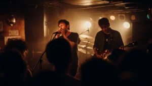A rock band performing energetically on a small, dimly lit stage in a crowded club.