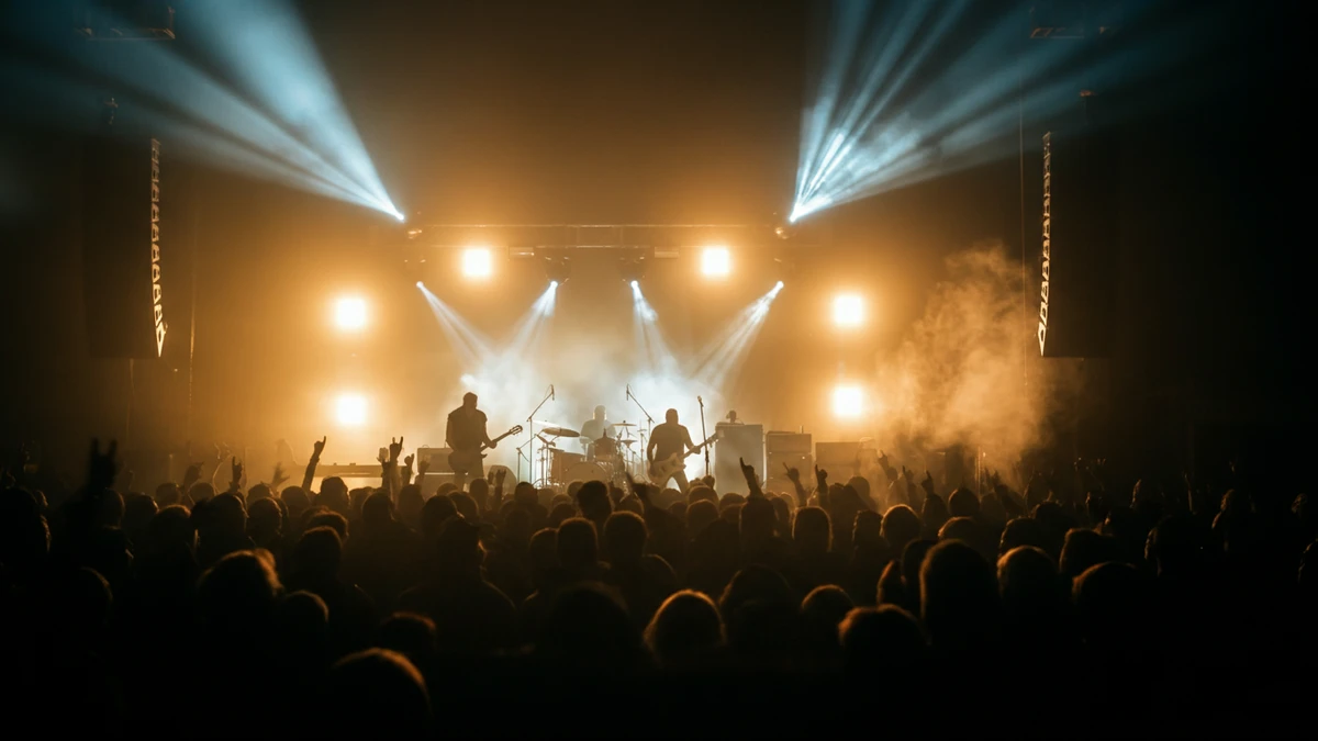 Silhouetted rock band performing on a smoke-filled concert stage with dramatic beams of light before a large crowd
