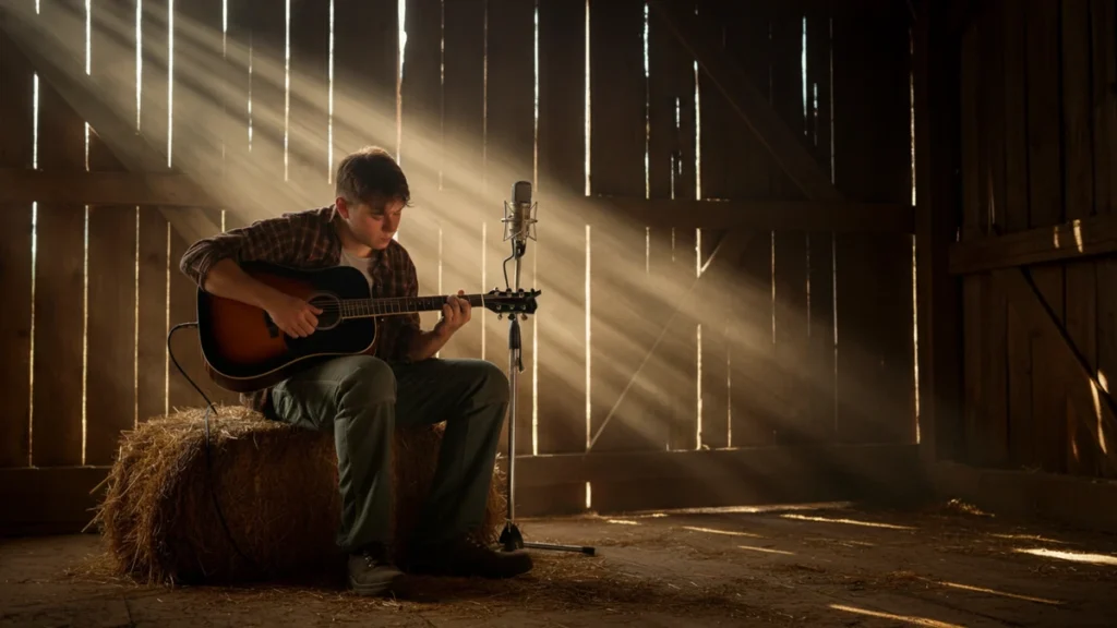 A musician plays an acoustic guitar while sitting on a hay bale inside a rustic barn with sunlight streaming in.