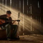 A musician plays an acoustic guitar while sitting on a hay bale inside a rustic barn with sunlight streaming in.