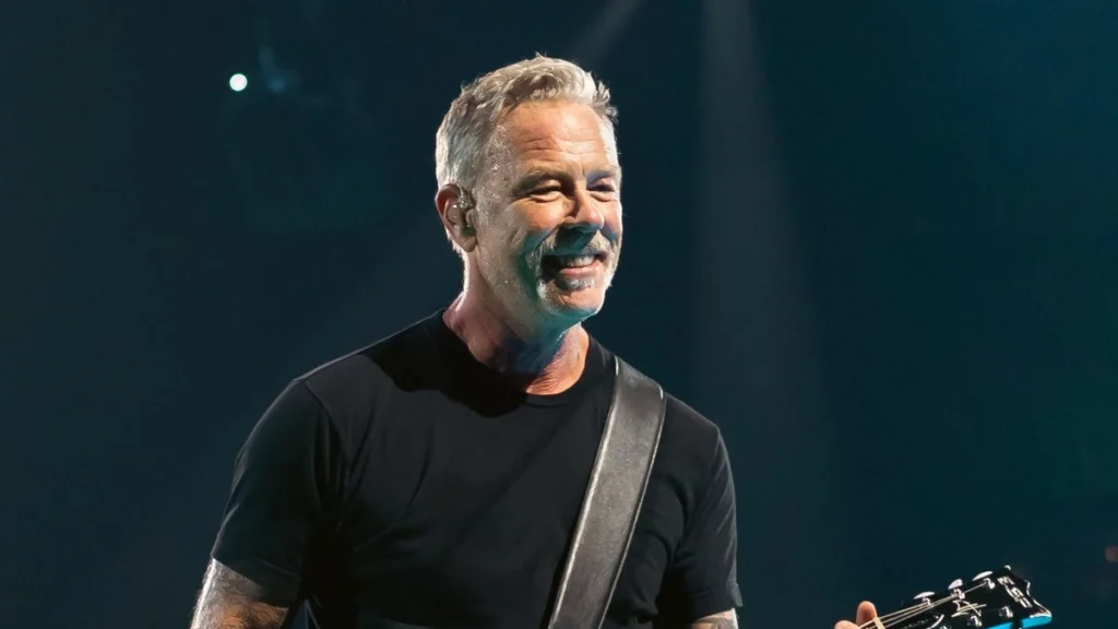 James Hetfield of Metallica smiling on stage during the M72 World Tour