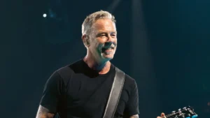 James Hetfield of Metallica smiling on stage during the M72 World Tour