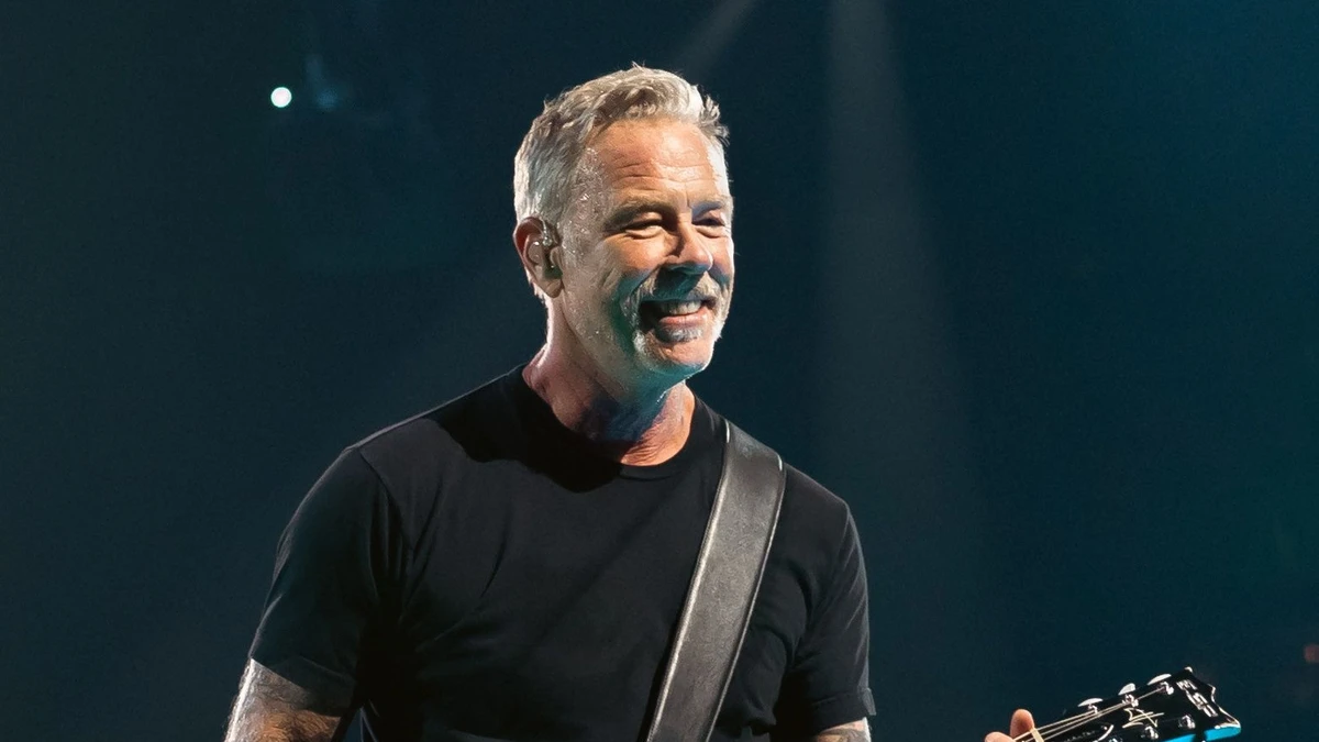 James Hetfield of Metallica smiling on stage during the M72 World Tour